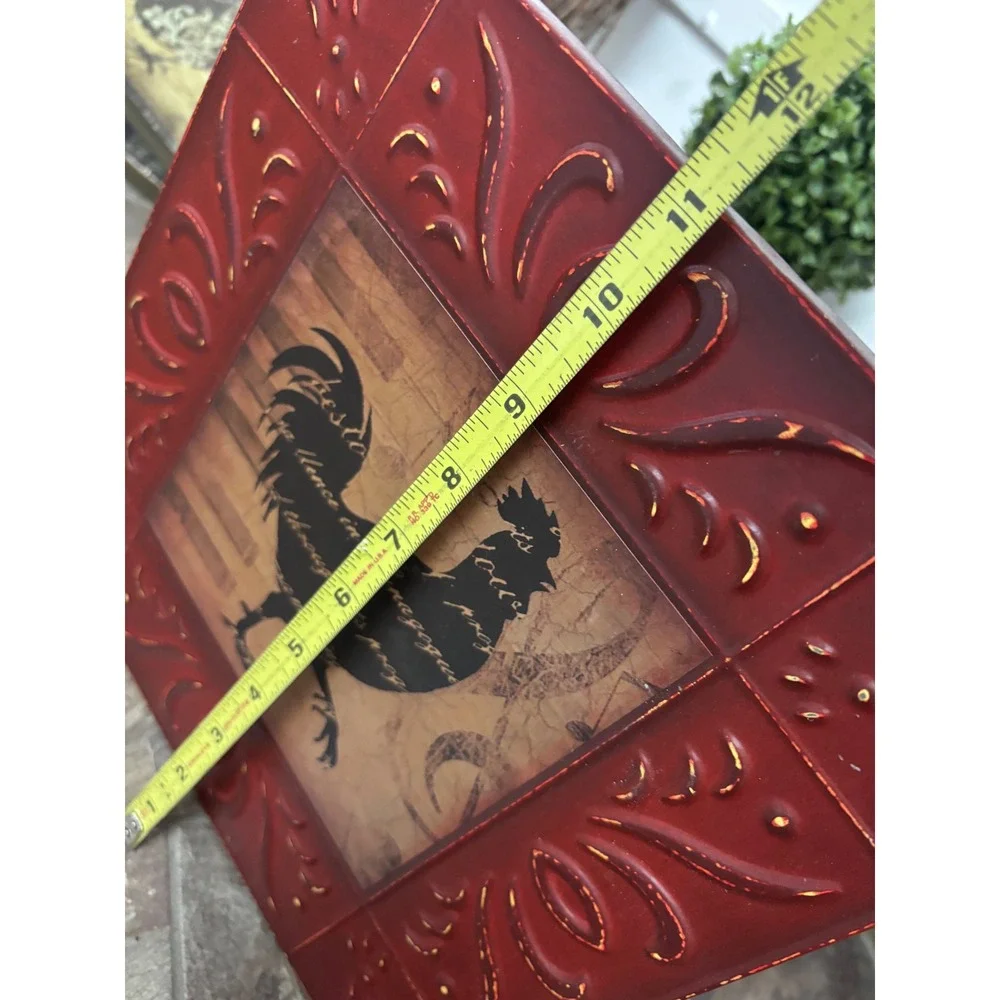Rustic Red Embossed Metal Rooster Decor Farmhouse Country Kitchen Plaque 12in